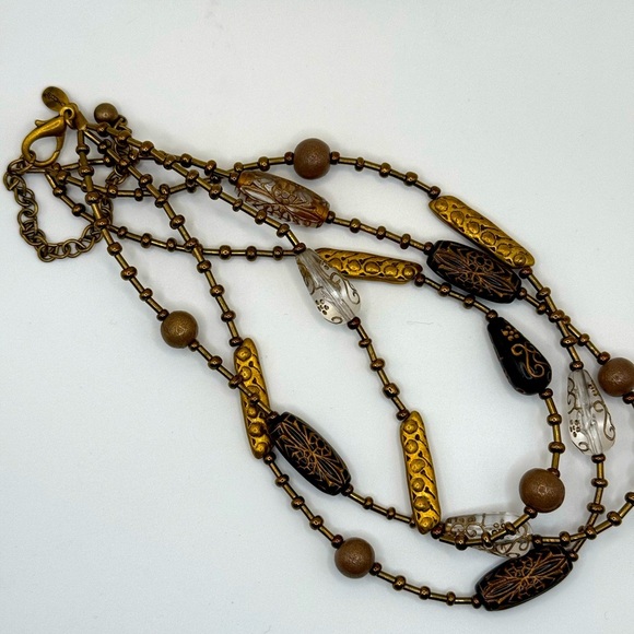 CHICO'S Necklace Multi Strand Layer Gold Tone Brown Clear Metallic Sand Beads - Picture 5 of 5